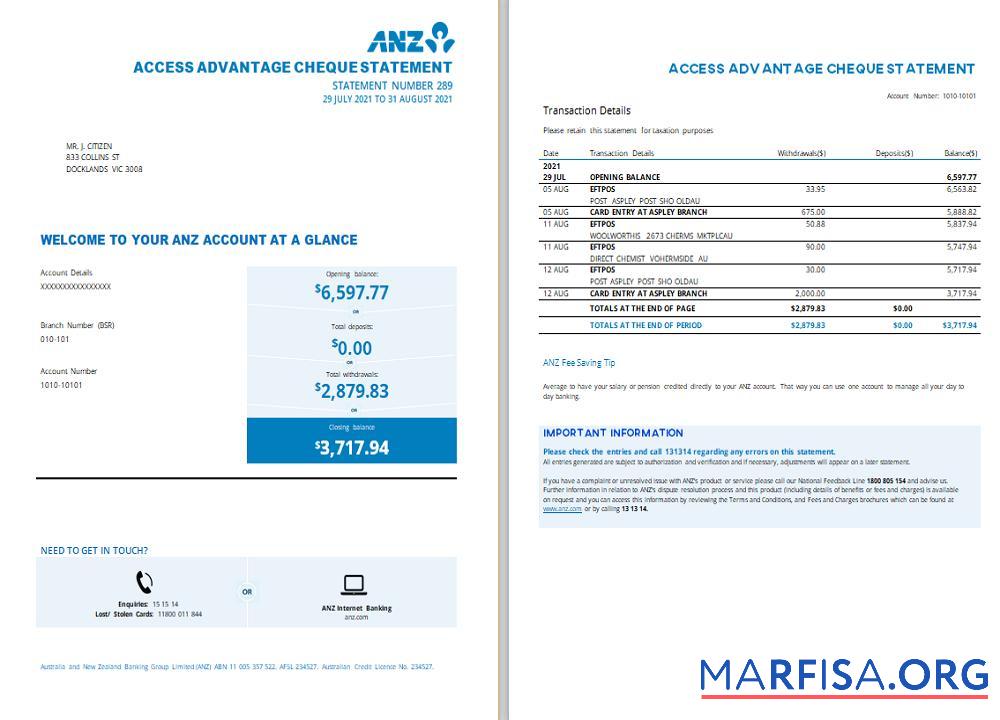 Blank Australia ANZ proof of address bank statement.1 download for verification